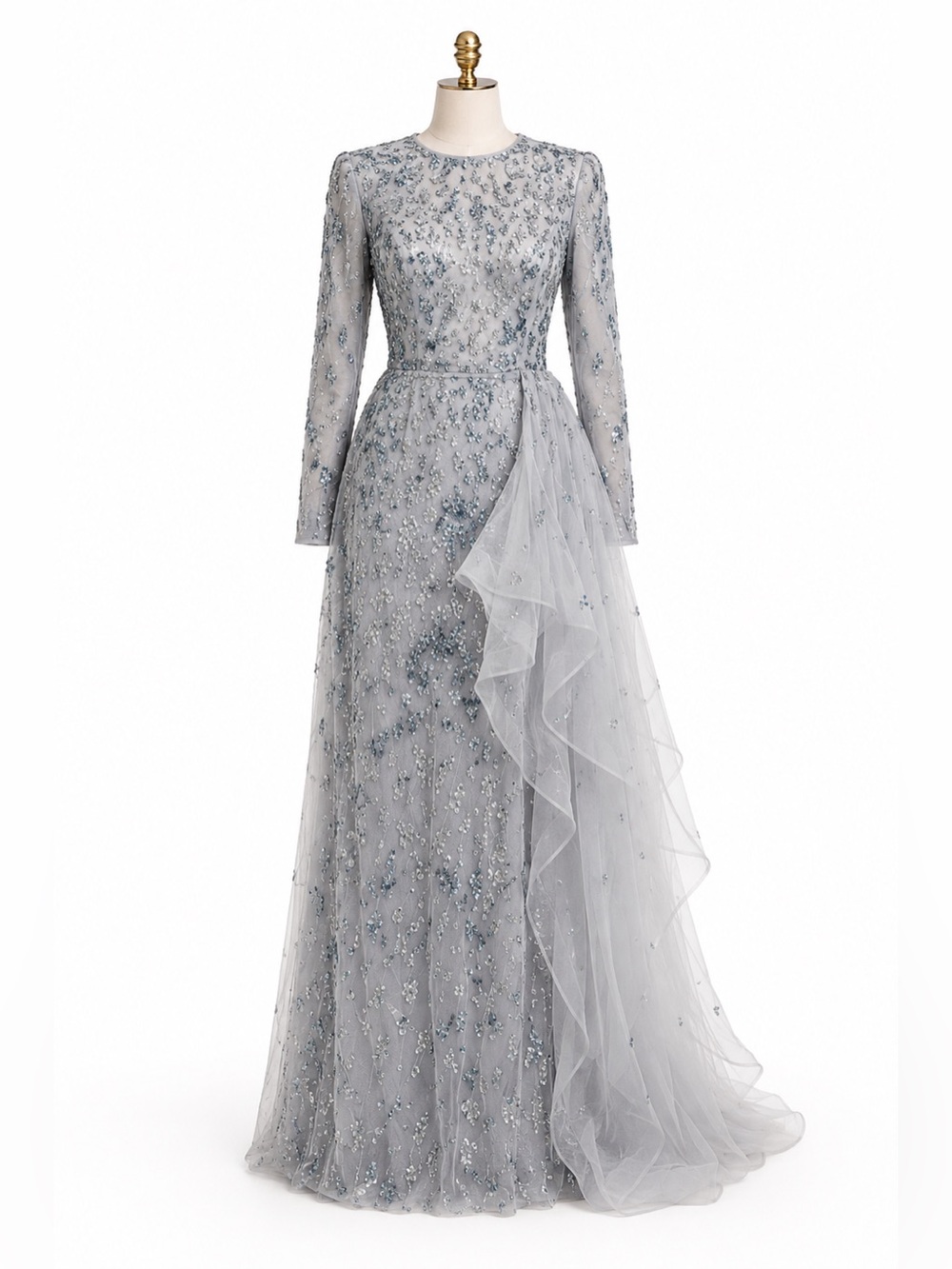 Beaded Long-Sleeve Evening Gown in Light Gray